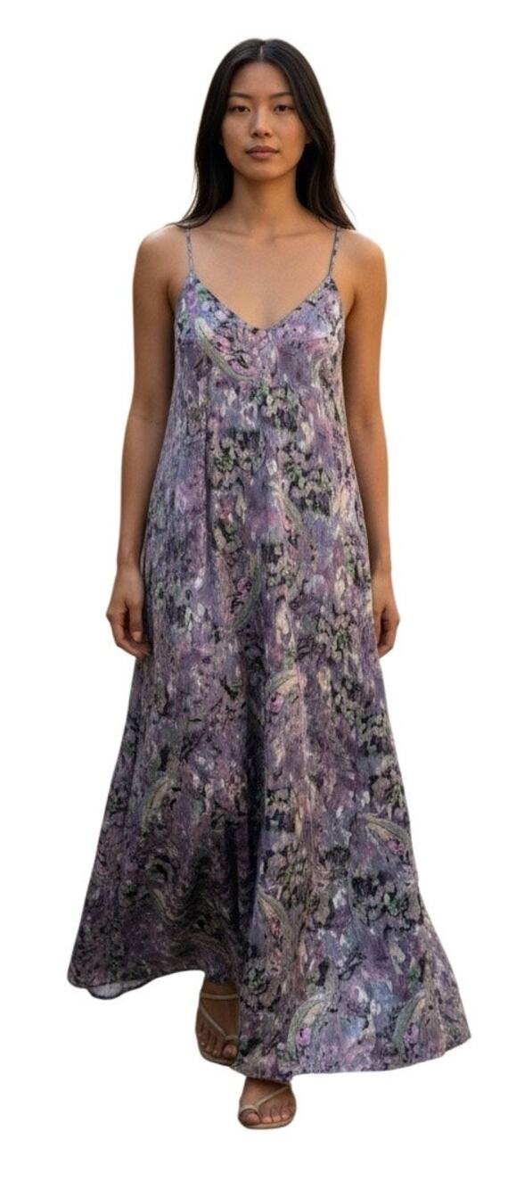 Leslie Fay Purple Print Maxi Loose Satin Slip Dress with pockets Size S